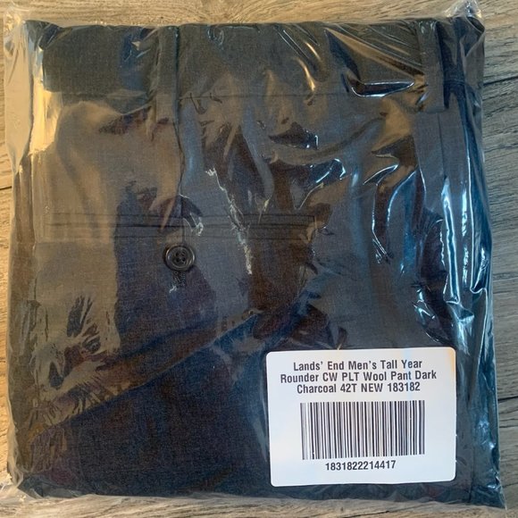 NWT LANDS' END TALL YEAR ROUNDER PLAIN FRONT CW WOOL PANTS DARK CHARCOAL 42T - Picture 5 of 7